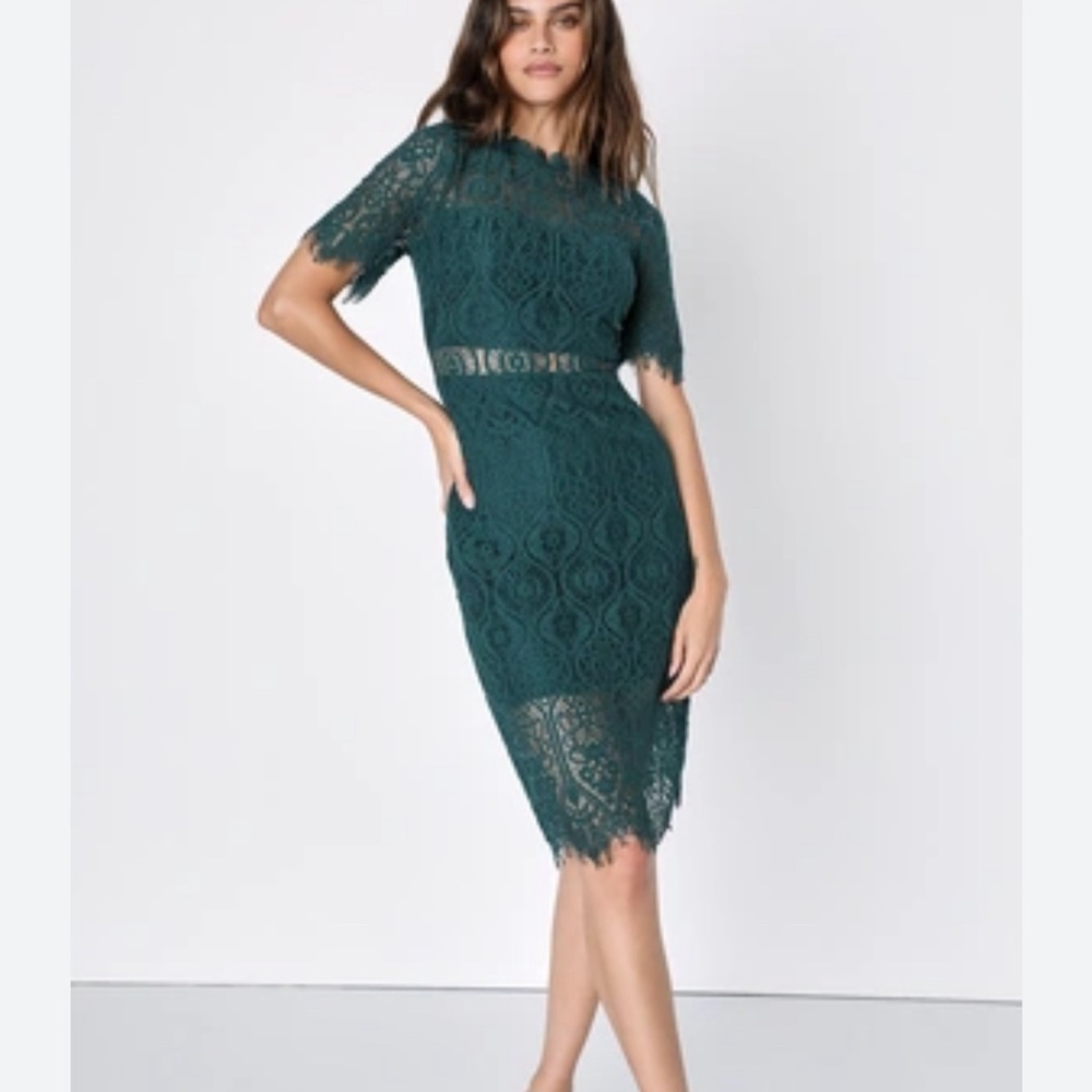 Lulu’s Green Sheer Lace Short Sleeve Mini Dress | Size Small